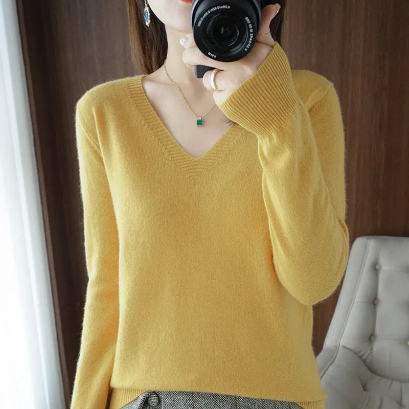 Women V-neck Slim Knitted Pullover