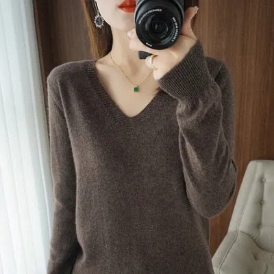 Women V-neck Slim Knitted Pullover