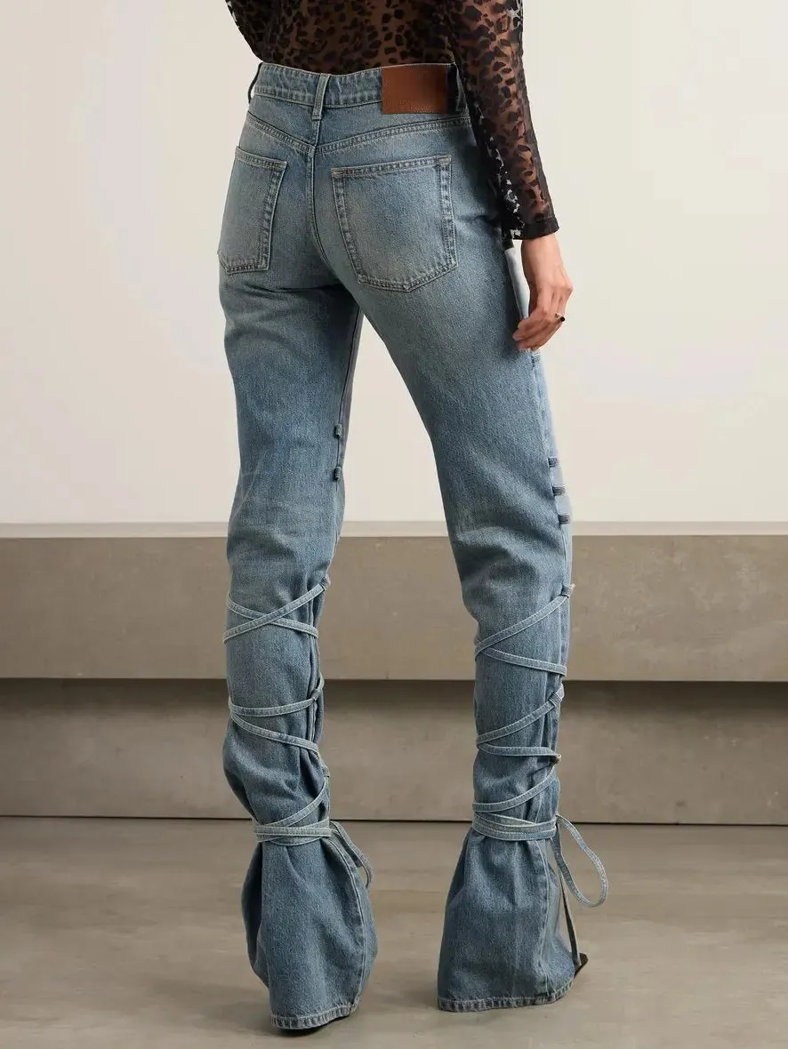 Women’s Asymmetrical Lace-Up Mid-Rise Flared Jeans