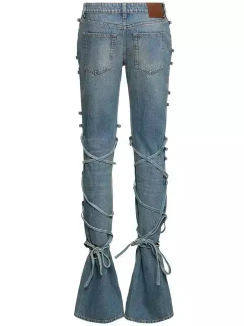 Women’s Asymmetrical Lace-Up Mid-Rise Flared Jeans