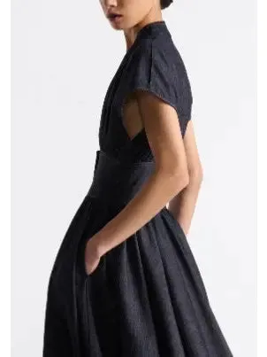 Women’s Deep Blue Cotton Denim Flared Mid-Length Dress