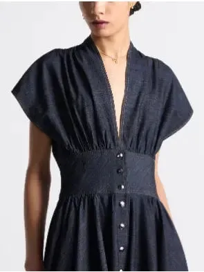 Women’s Deep Blue Cotton Denim Flared Mid-Length Dress