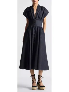 Women’s Deep Blue Cotton Denim Flared Mid-Length Dress